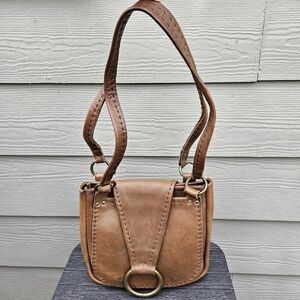 Vintage Italian Leather Bag CW Brown Thick Stitched Boho Purse Brass Ring Italy